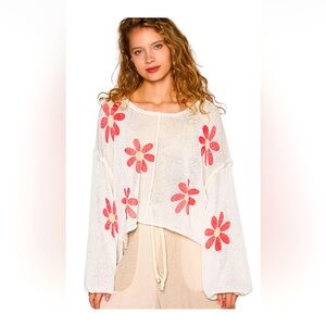 POL Clothing Pink Floral Print Balloon Sleeve White  Pullover Sweater